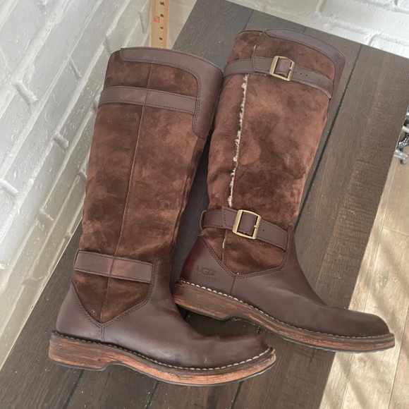 EUC UGG Dunwich Brown Leather Boots Buckle Hook Loop Knee High Winter Boots Sz 8 - Picture 6 of 10